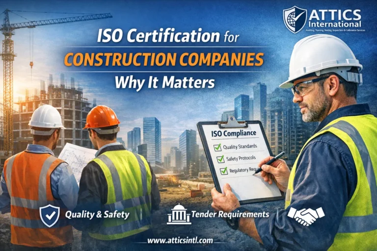 Construction site engineers reviewing safety and ISO compliance checklist highlighting quality, safety, and certification standards.