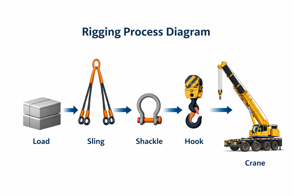 What is Rigging Safety?Complete Beginner Guide to Safe Lifting and Load Handling 1 rigging process diagram showing load attachment to crane