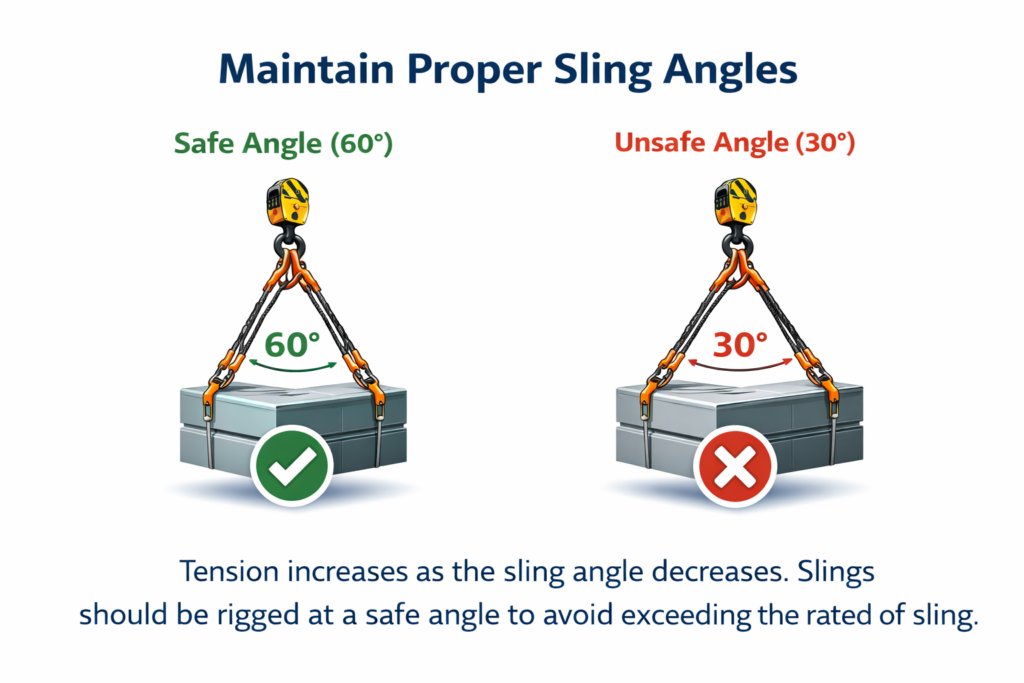 What is Rigging Safety?Complete Beginner Guide to Safe Lifting and Load Handling 8 sling angle safety diagram showing tension increase in rigging