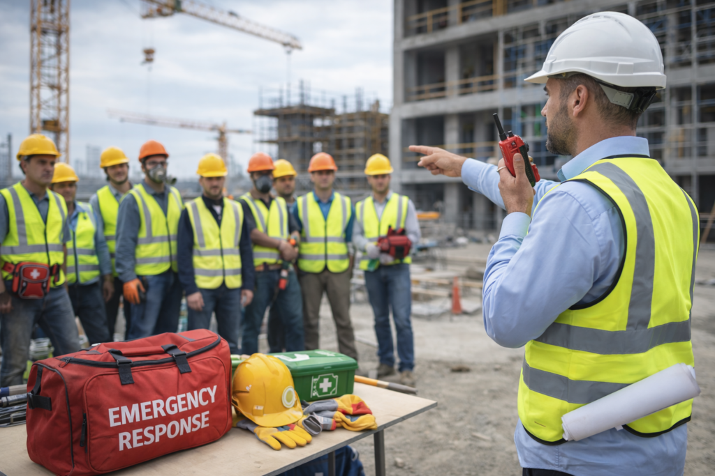 construction safety officer coordinating emergency response on site