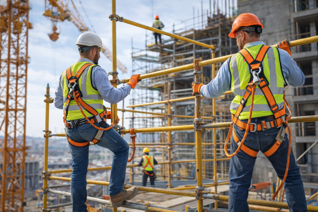 construction workers using fall protection equipment at height