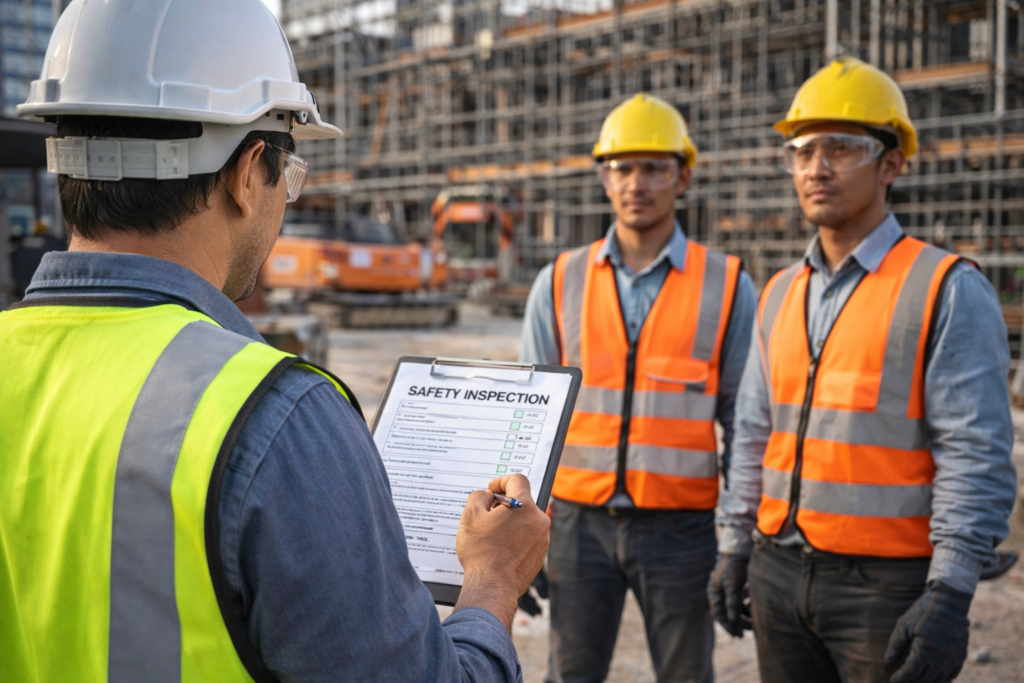 safety officer conducting workplace safety inspection and risk assessment