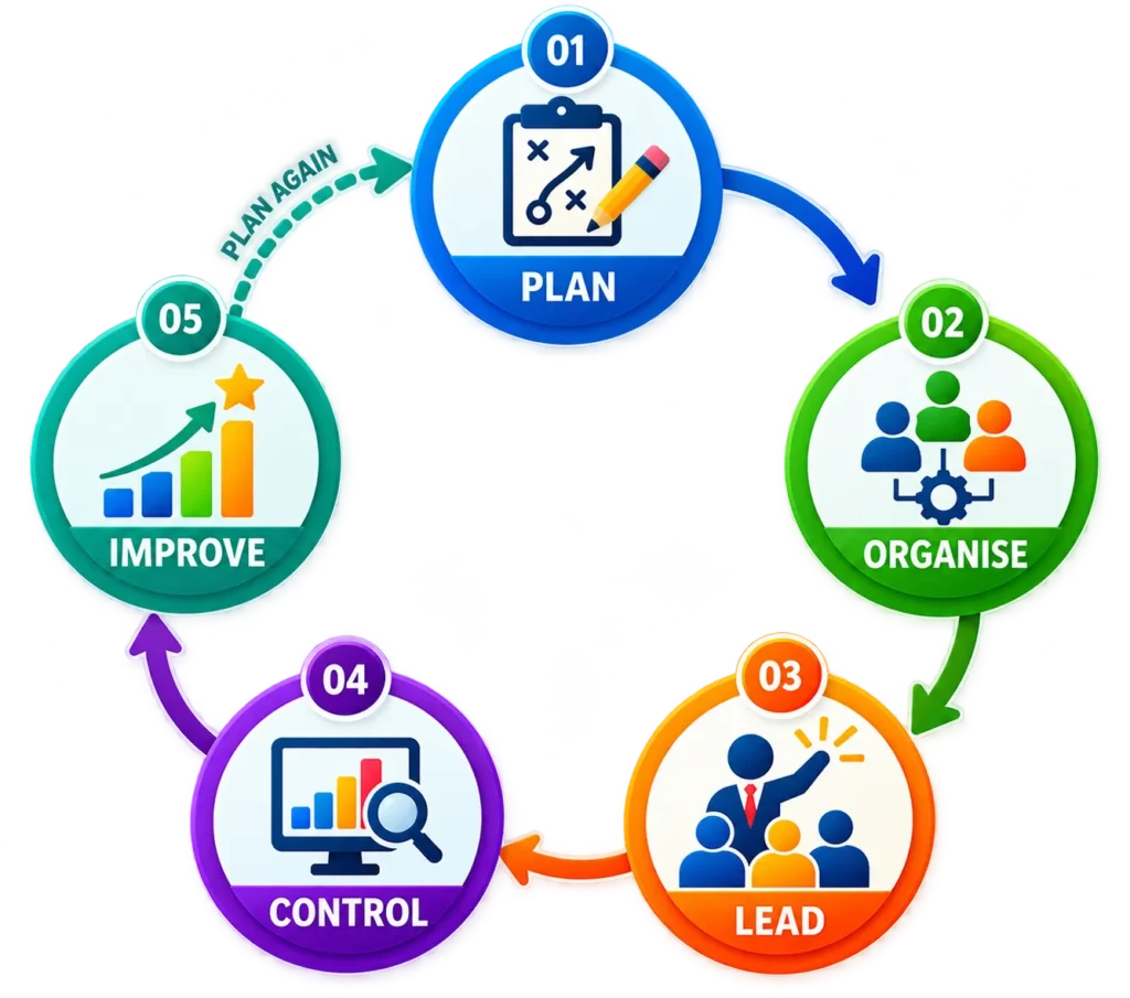 How Businesses Are Managed: A Simple Guide to Key Management Function 2 Management Functions Cycle Flowchart