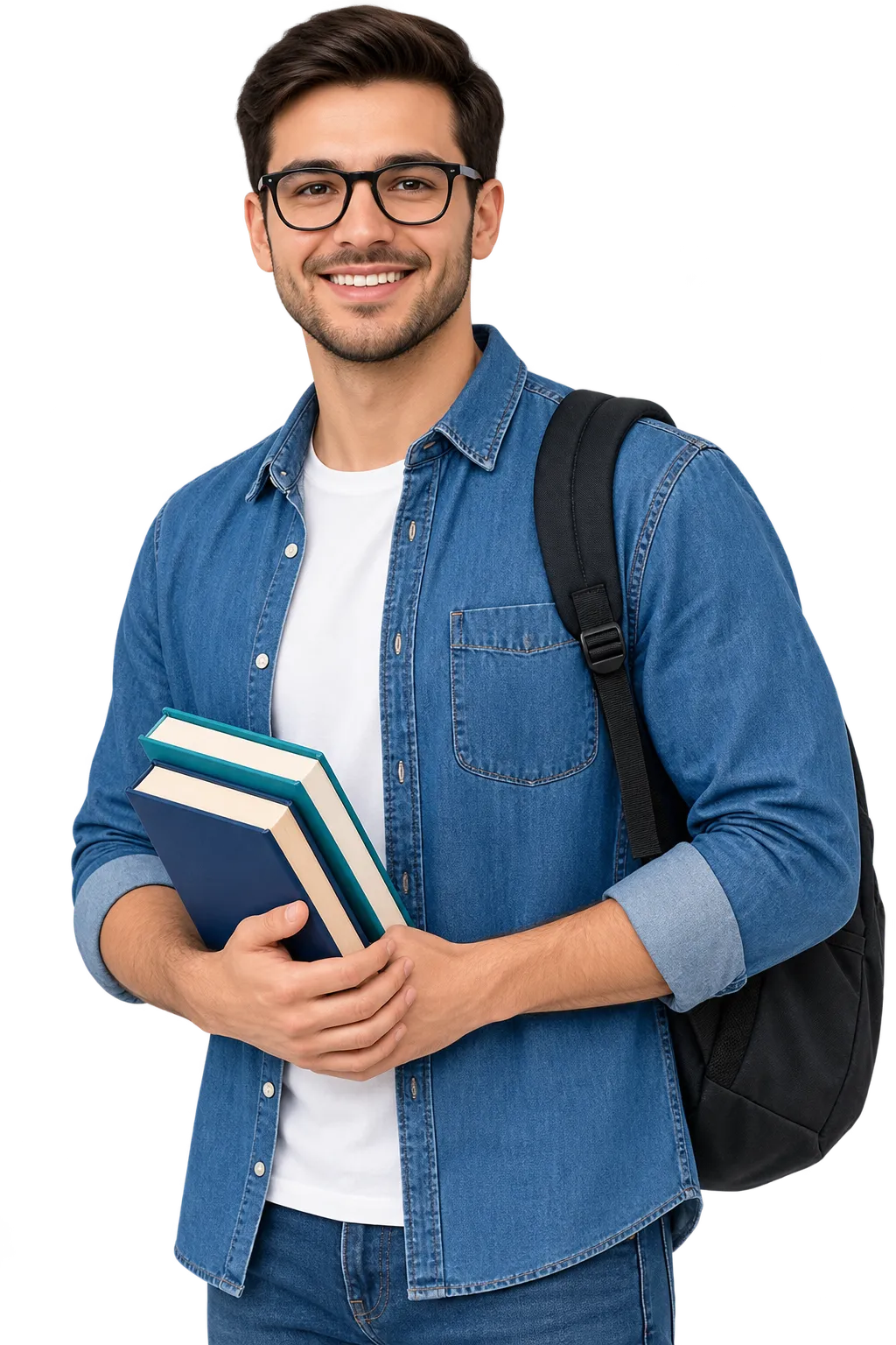 Smiling student holding books and a backpack